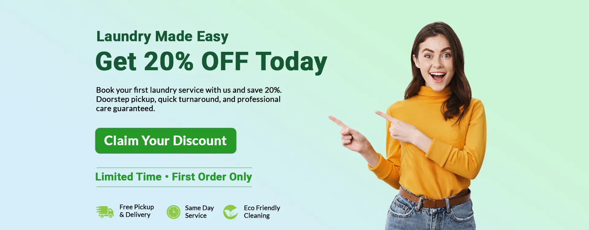 Dubai Laundry Services 20% off on first laundry order offer banner image for Desktop